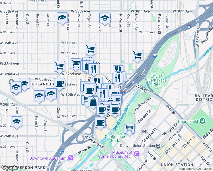 map of restaurants, bars, coffee shops, grocery stores, and more near 1717 Boulder Street in Denver