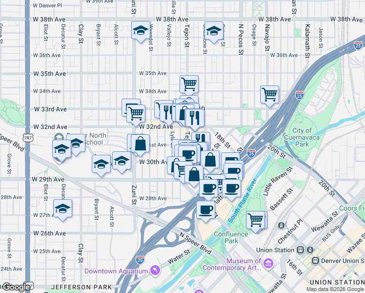 map of restaurants, bars, coffee shops, grocery stores, and more near 2102 West 31st Avenue in Denver
