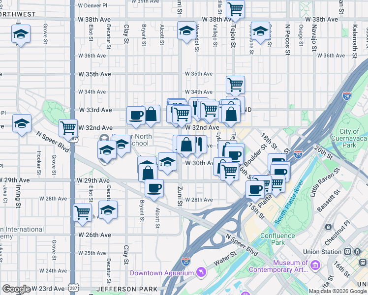 map of restaurants, bars, coffee shops, grocery stores, and more near 2320 West 31st Avenue in Denver