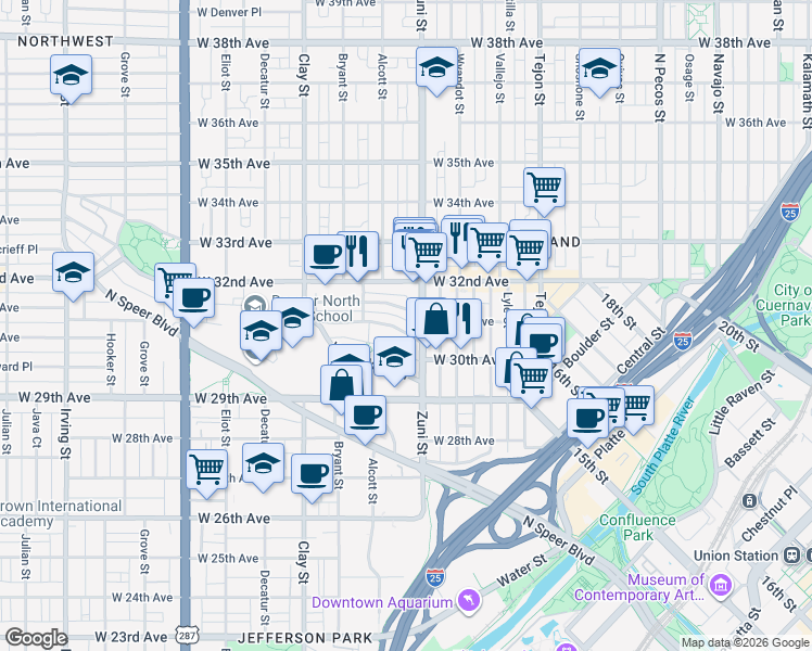 map of restaurants, bars, coffee shops, grocery stores, and more near 2425 West Caithness Place in Denver