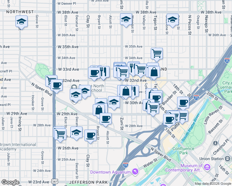 map of restaurants, bars, coffee shops, grocery stores, and more near 2425 West Caithness Place in Denver