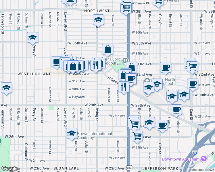 map of restaurants, bars, coffee shops, grocery stores, and more near 3215 West 30th Avenue in Denver