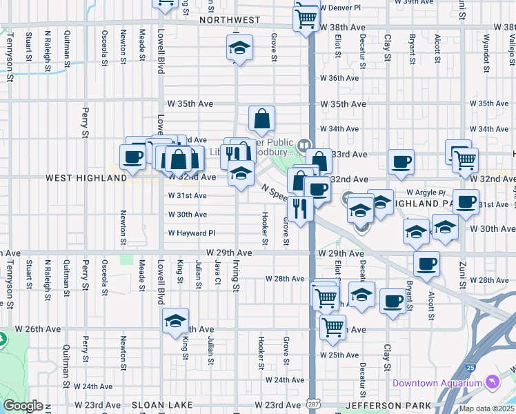 map of restaurants, bars, coffee shops, grocery stores, and more near 3215 West 30th Avenue in Denver