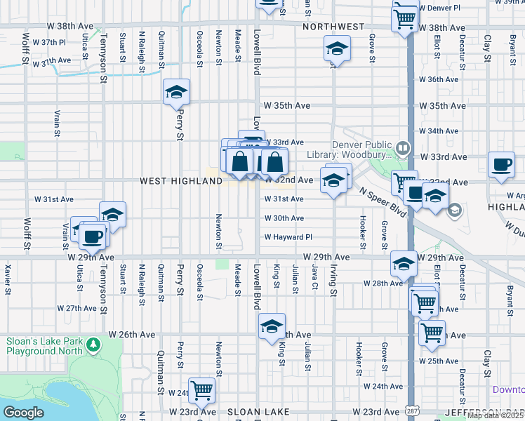 map of restaurants, bars, coffee shops, grocery stores, and more near 3010 Lowell Boulevard in Denver