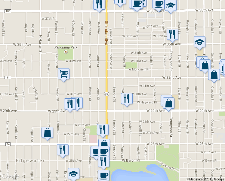 map of restaurants, bars, coffee shops, grocery stores, and more near 3001 Zenobia Street in Denver