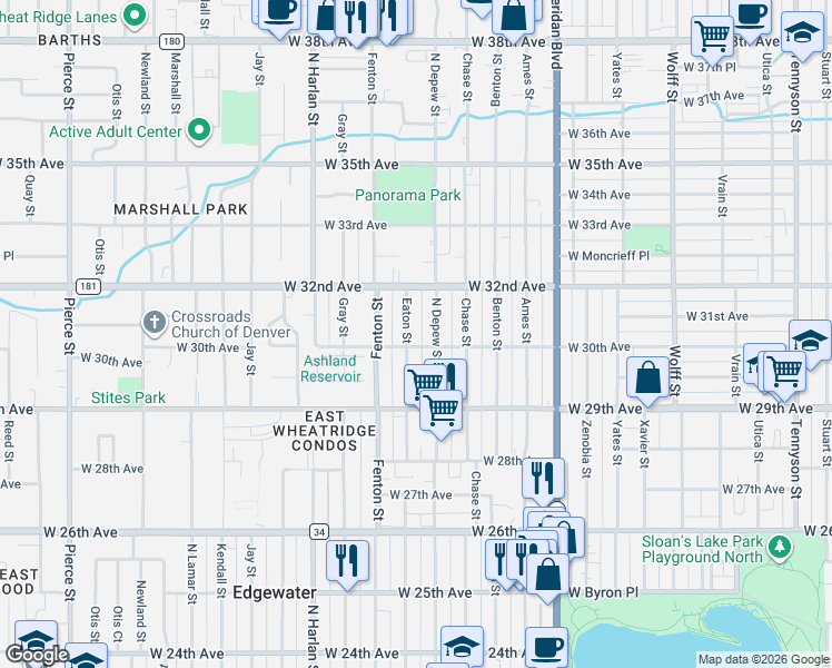 map of restaurants, bars, coffee shops, grocery stores, and more near 3020 Eaton Street in Wheat Ridge