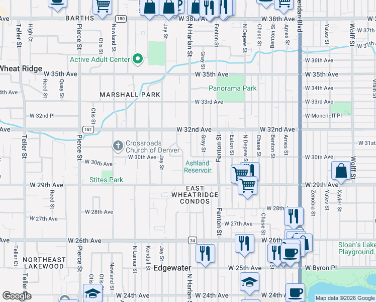 map of restaurants, bars, coffee shops, grocery stores, and more near 3020 Ingalls Street in Wheat Ridge