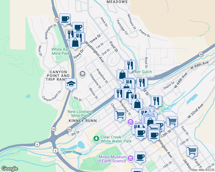map of restaurants, bars, coffee shops, grocery stores, and more near 530 Arapahoe Street in Golden