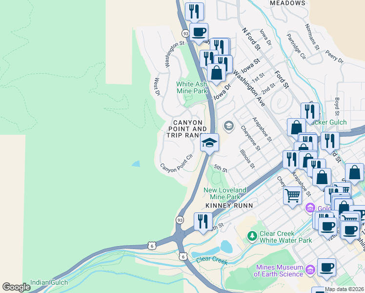 map of restaurants, bars, coffee shops, grocery stores, and more near 360 Canyon Point Circle in Golden