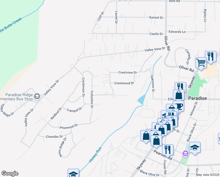 map of restaurants, bars, coffee shops, grocery stores, and more near 469 Nottingham Drive in Paradise