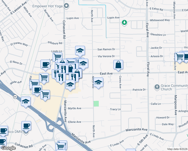 map of restaurants, bars, coffee shops, grocery stores, and more near 999 East Avenue in Chico