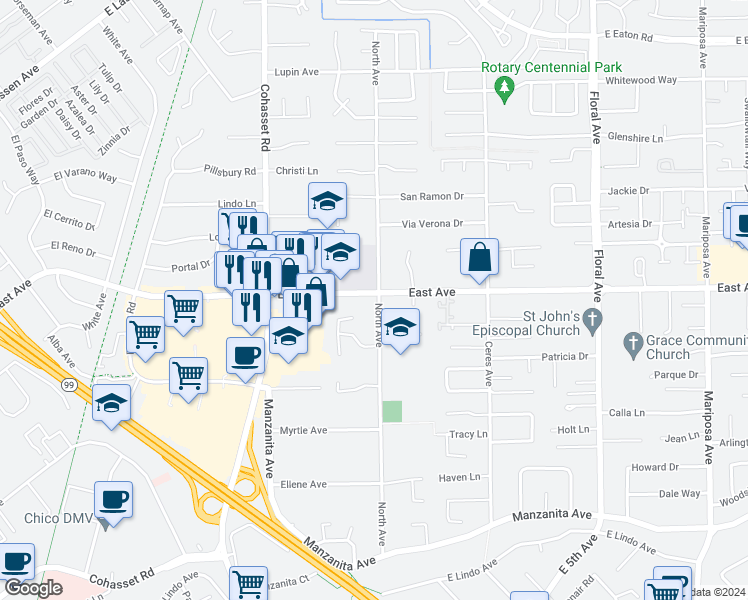 map of restaurants, bars, coffee shops, grocery stores, and more near 999 East Avenue in Chico