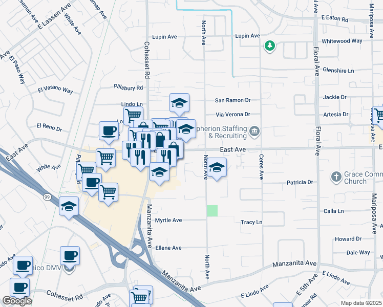 map of restaurants, bars, coffee shops, grocery stores, and more near 983 East Avenue in Chico