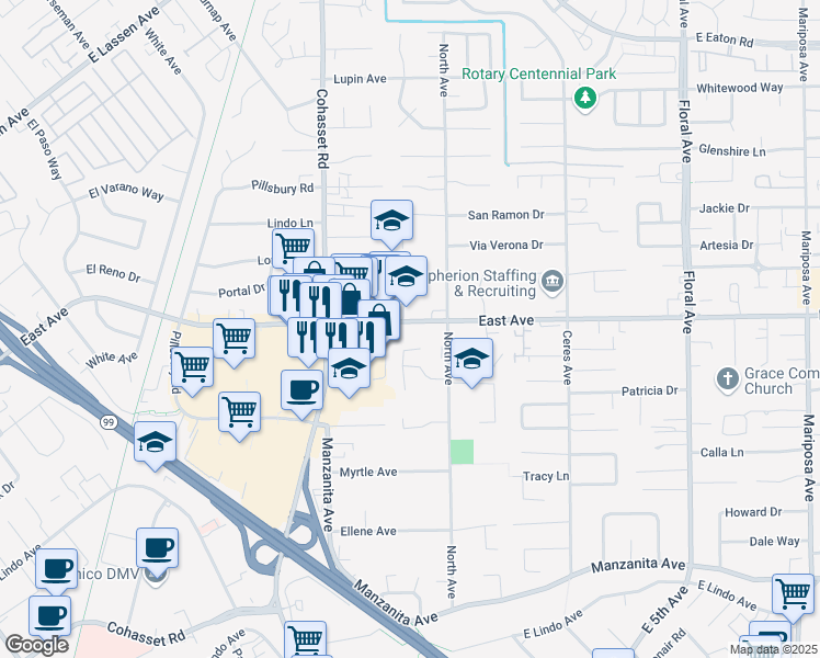 map of restaurants, bars, coffee shops, grocery stores, and more near 983 East Avenue in Chico