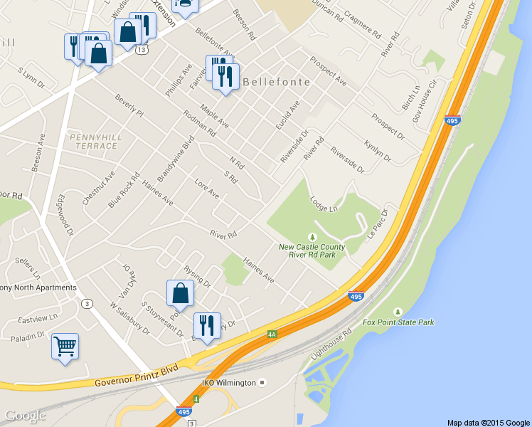 map of restaurants, bars, coffee shops, grocery stores, and more near 404 River Road in Wilmington