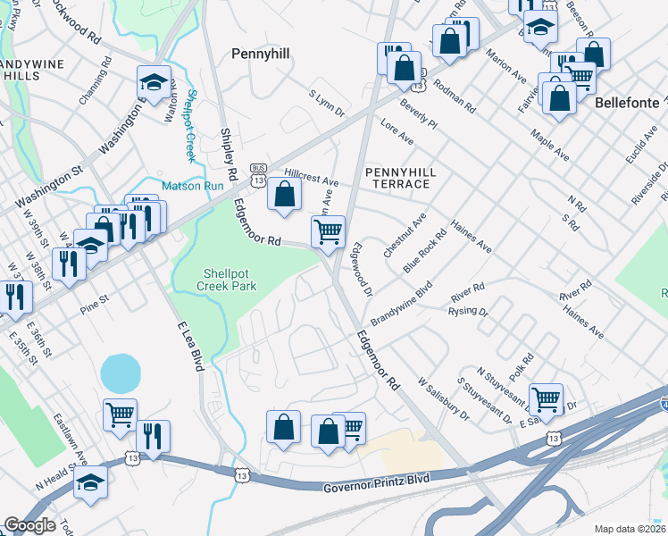 map of restaurants, bars, coffee shops, grocery stores, and more near 9101 Westview Road in Wilmington