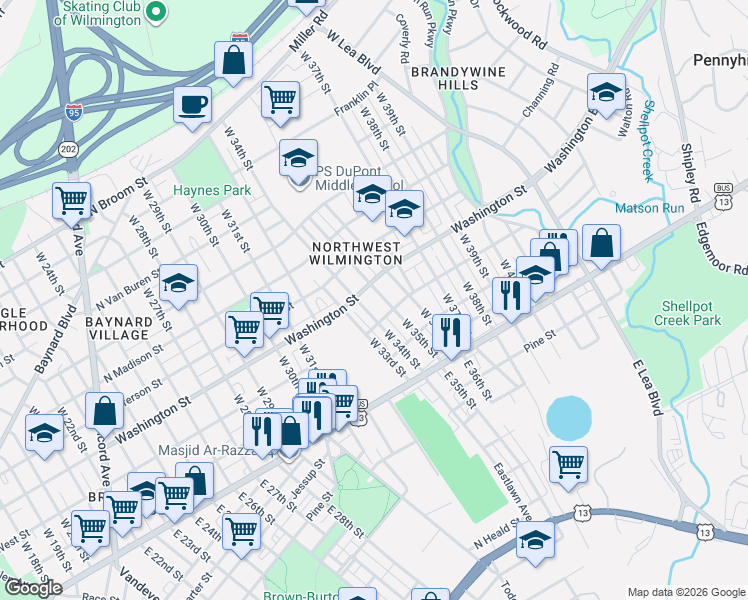 map of restaurants, bars, coffee shops, grocery stores, and more near 206 West 35th Street in Wilmington