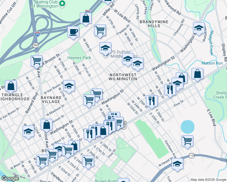 map of restaurants, bars, coffee shops, grocery stores, and more near 307 West 32nd Street in Wilmington