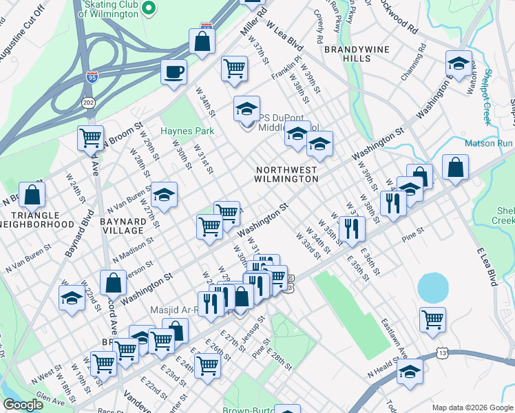 map of restaurants, bars, coffee shops, grocery stores, and more near 307 West 32nd Street in Wilmington