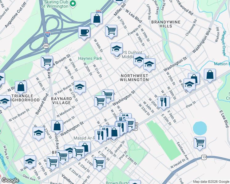 map of restaurants, bars, coffee shops, grocery stores, and more near in Wilmington