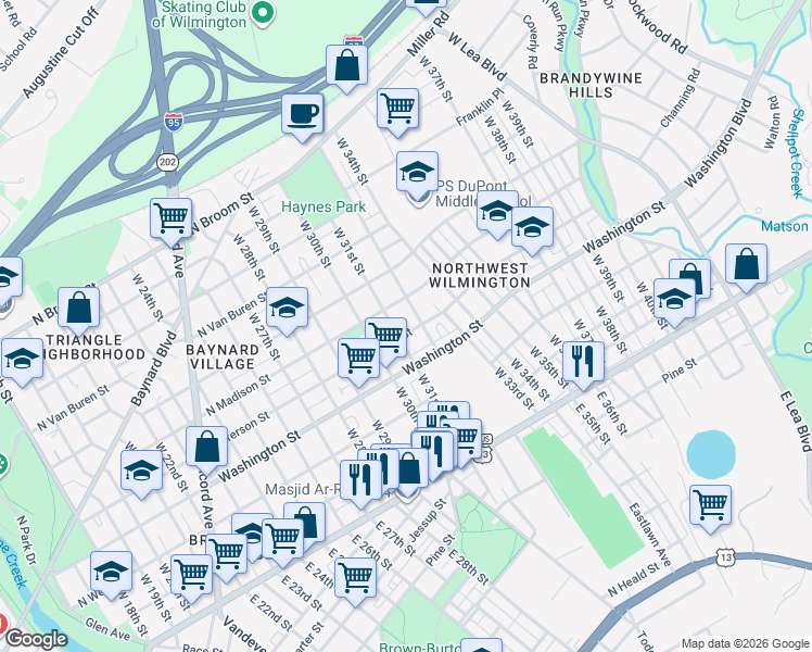 map of restaurants, bars, coffee shops, grocery stores, and more near in Wilmington