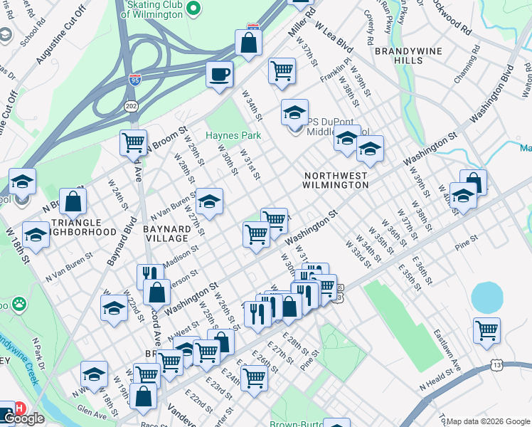 map of restaurants, bars, coffee shops, grocery stores, and more near 2925 North Madison Street in Wilmington