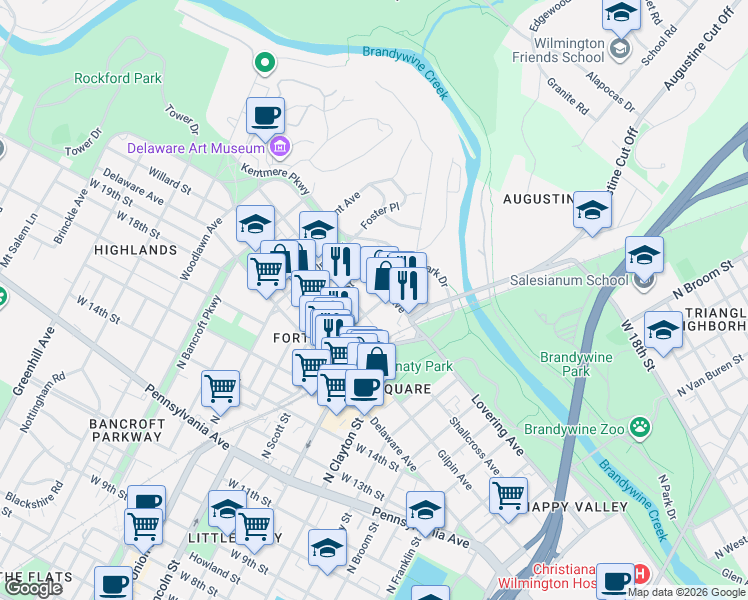 map of restaurants, bars, coffee shops, grocery stores, and more near 1903 North Scott Street in Wilmington