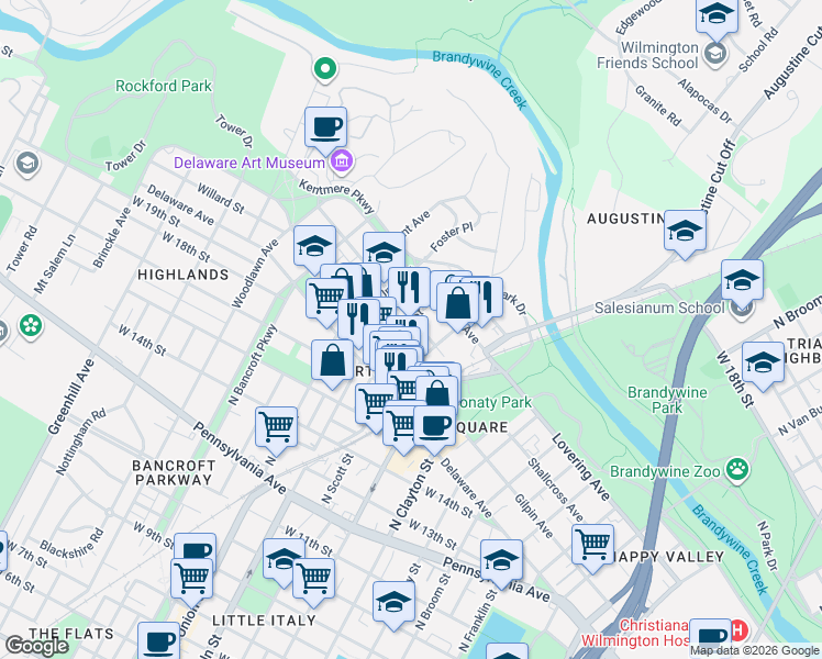 map of restaurants, bars, coffee shops, grocery stores, and more near 1824 North Lincoln Street in Wilmington