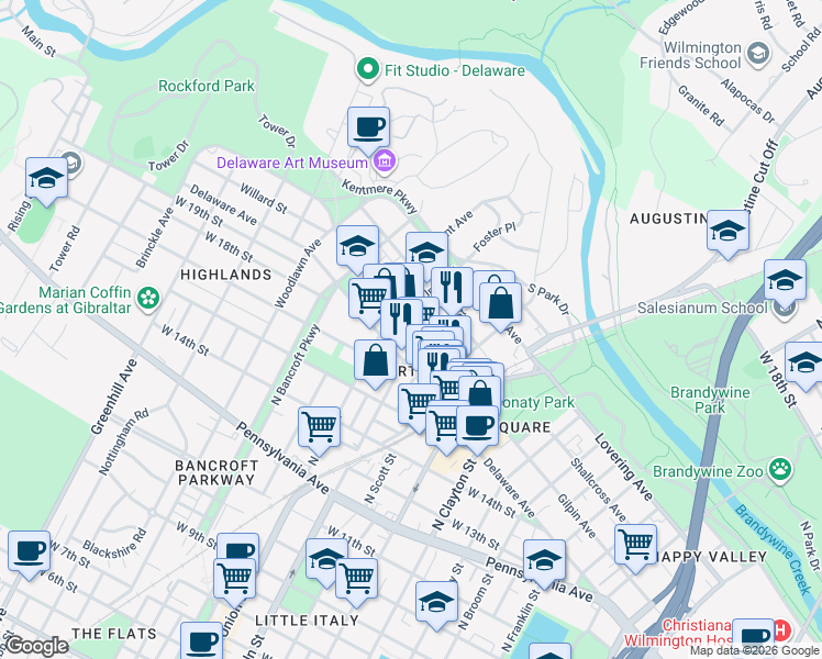 map of restaurants, bars, coffee shops, grocery stores, and more near 1920 Gilpin Avenue in Wilmington