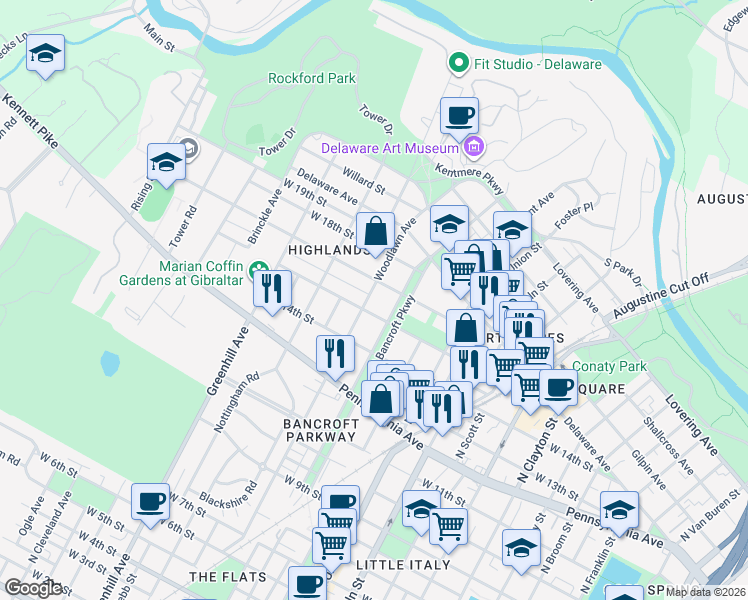 map of restaurants, bars, coffee shops, grocery stores, and more near 1601 Woodlawn Avenue in Wilmington