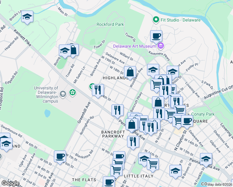 map of restaurants, bars, coffee shops, grocery stores, and more near 1413 Hamilton Street in Wilmington