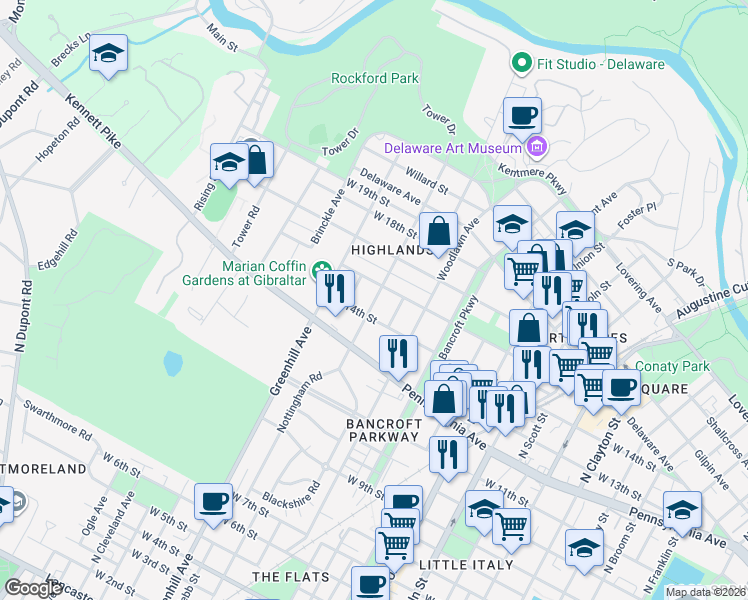 map of restaurants, bars, coffee shops, grocery stores, and more near 1413 Hamilton Street in Wilmington