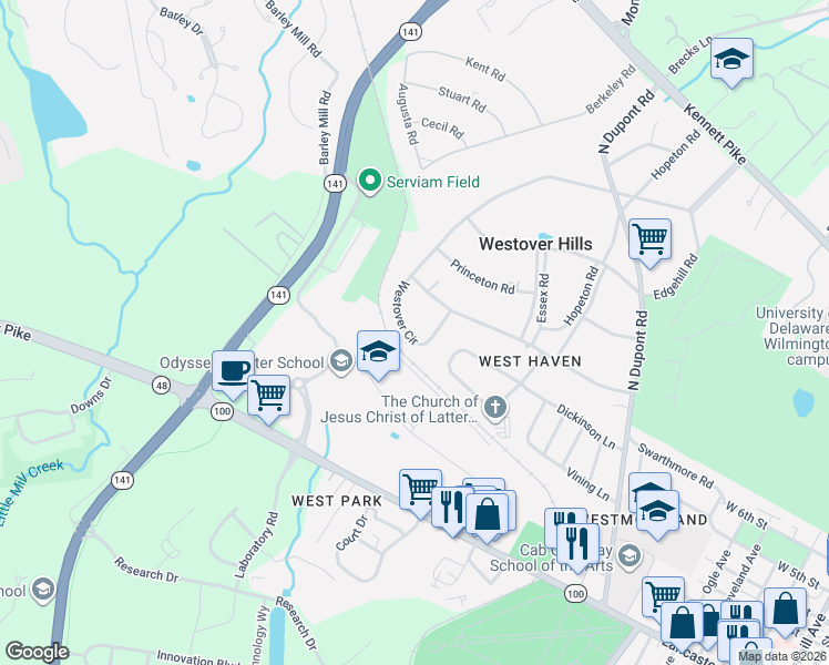 map of restaurants, bars, coffee shops, grocery stores, and more near 5 Westover Circle in Wilmington