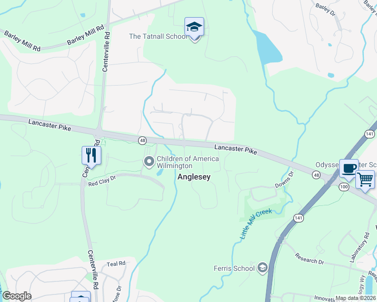 map of restaurants, bars, coffee shops, grocery stores, and more near 4 Harlech Drive in Wilmington