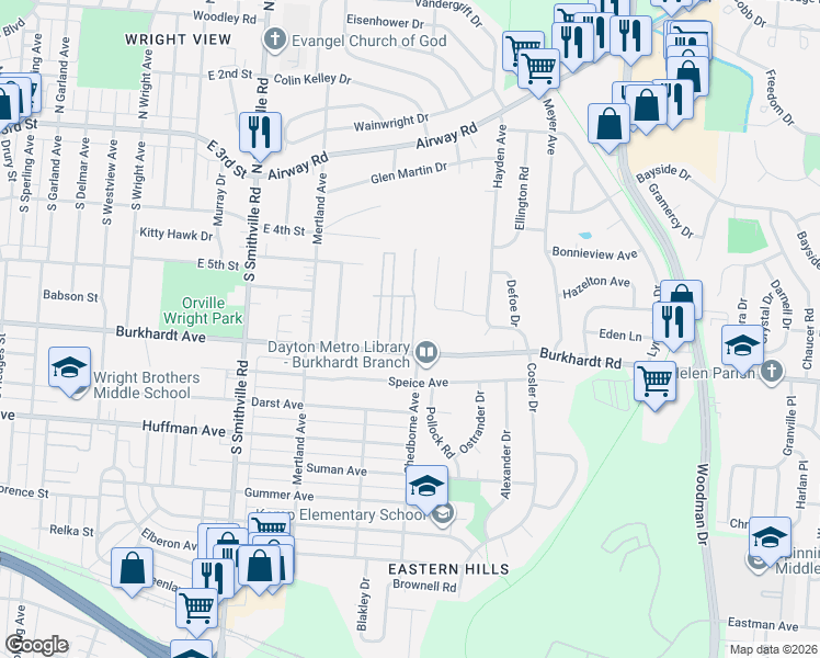 map of restaurants, bars, coffee shops, grocery stores, and more near 248 Big Rock Road in Dayton