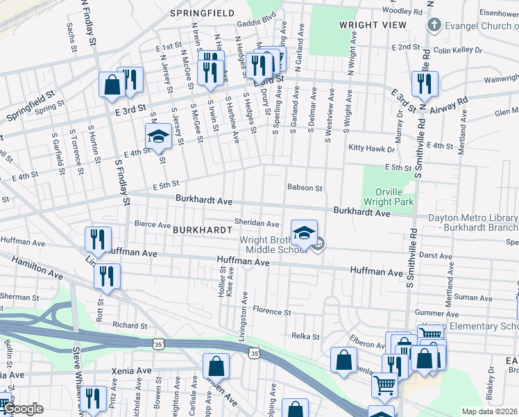 map of restaurants, bars, coffee shops, grocery stores, and more near 408 Burkhardt Avenue in Dayton