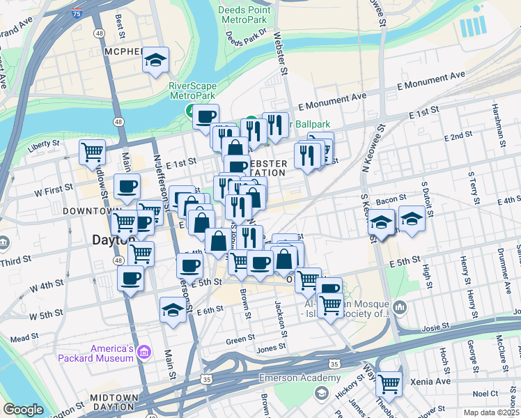map of restaurants, bars, coffee shops, grocery stores, and more near 506 East 3rd Street in Dayton