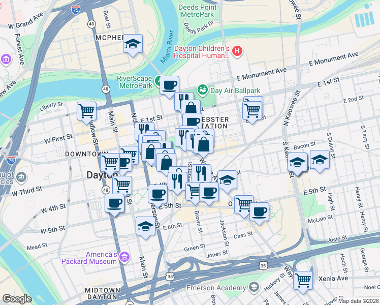 map of restaurants, bars, coffee shops, grocery stores, and more near 403 East 3rd Street in Dayton