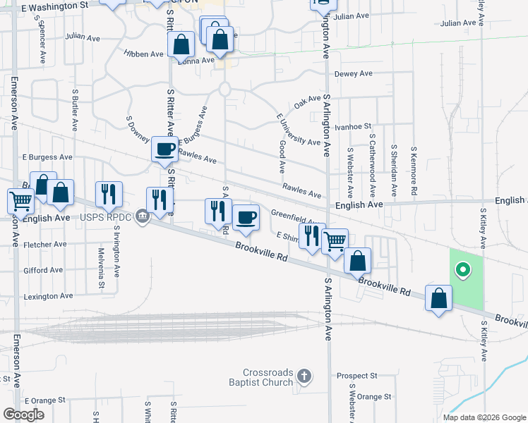 map of restaurants, bars, coffee shops, grocery stores, and more near 437 South Graham Avenue in Indianapolis
