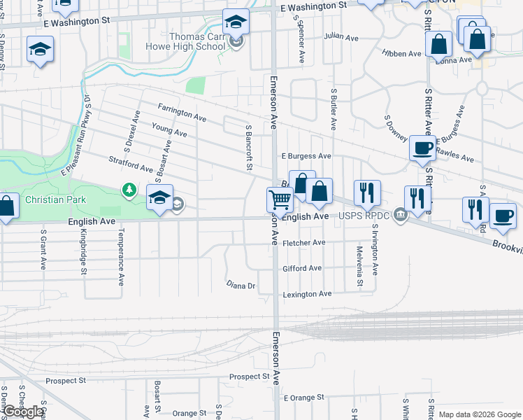 map of restaurants, bars, coffee shops, grocery stores, and more near 456 South Emerson Avenue in Indianapolis