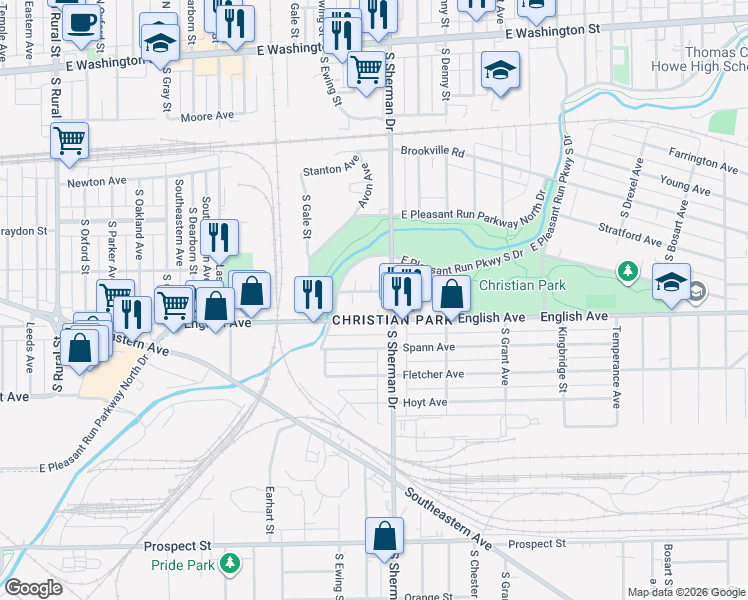 map of restaurants, bars, coffee shops, grocery stores, and more near 3735 Deloss Street in Indianapolis