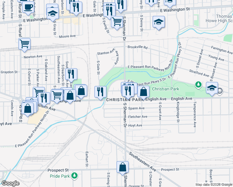 map of restaurants, bars, coffee shops, grocery stores, and more near 3735 Deloss Street in Indianapolis