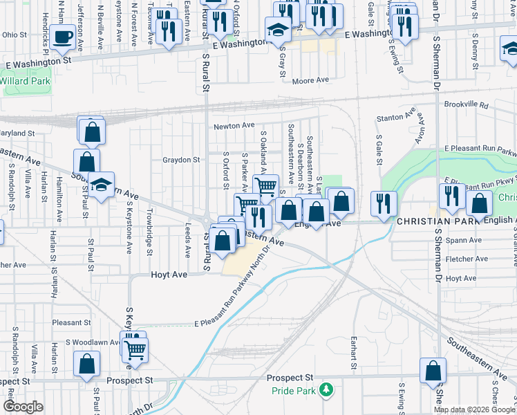 map of restaurants, bars, coffee shops, grocery stores, and more near 441 South Parker Avenue in Indianapolis
