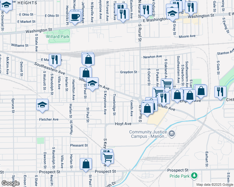 map of restaurants, bars, coffee shops, grocery stores, and more near 2515 Southeastern Avenue in Indianapolis
