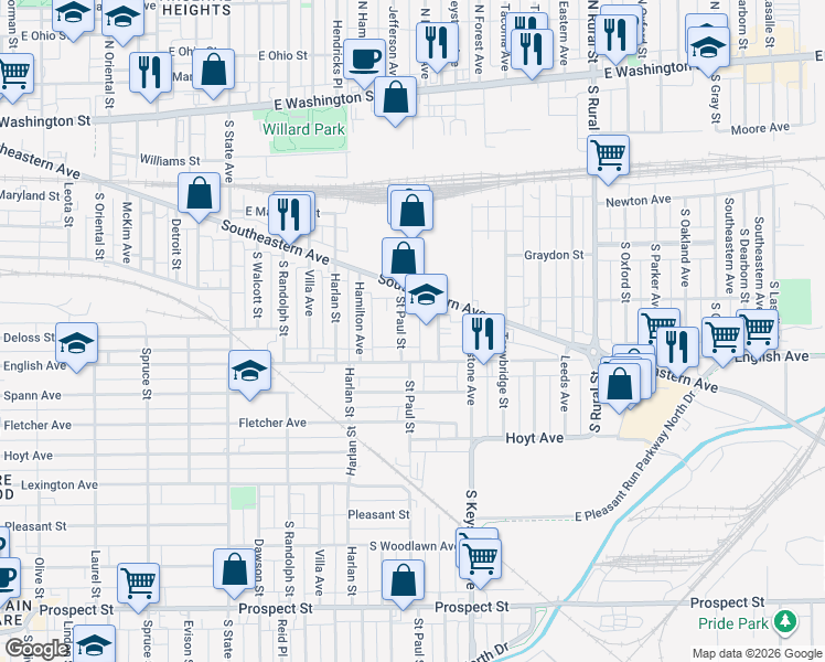 map of restaurants, bars, coffee shops, grocery stores, and more near 441 Saint Paul Street in Indianapolis