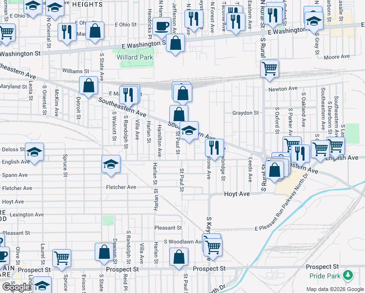 map of restaurants, bars, coffee shops, grocery stores, and more near 441 Saint Paul Street in Indianapolis