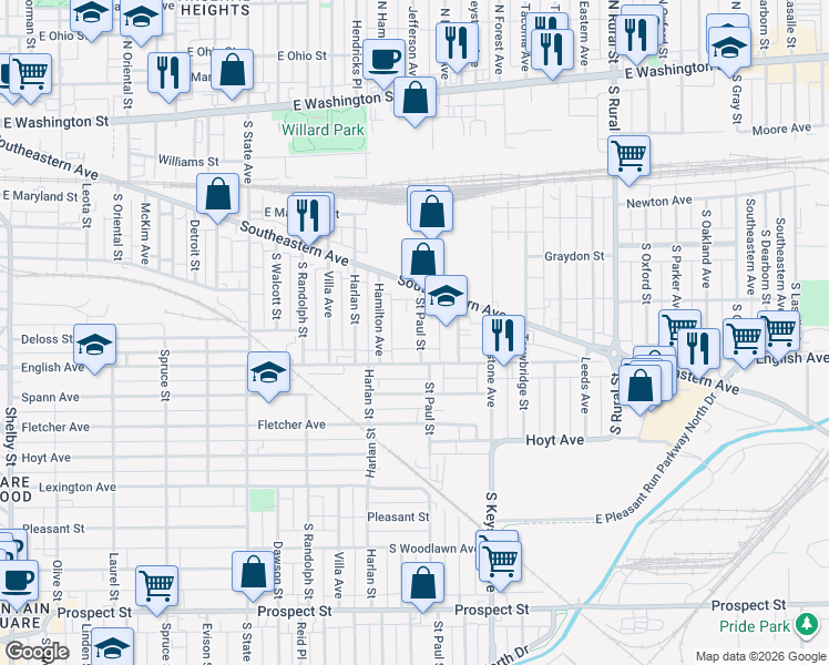 map of restaurants, bars, coffee shops, grocery stores, and more near 441 Saint Paul Street in Indianapolis