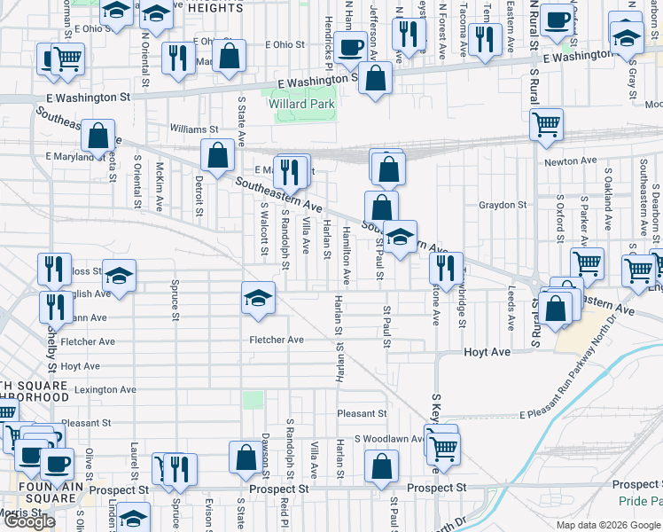 map of restaurants, bars, coffee shops, grocery stores, and more near 414 Harlan Street in Indianapolis