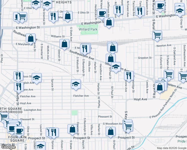 map of restaurants, bars, coffee shops, grocery stores, and more near 414 Harlan Street in Indianapolis