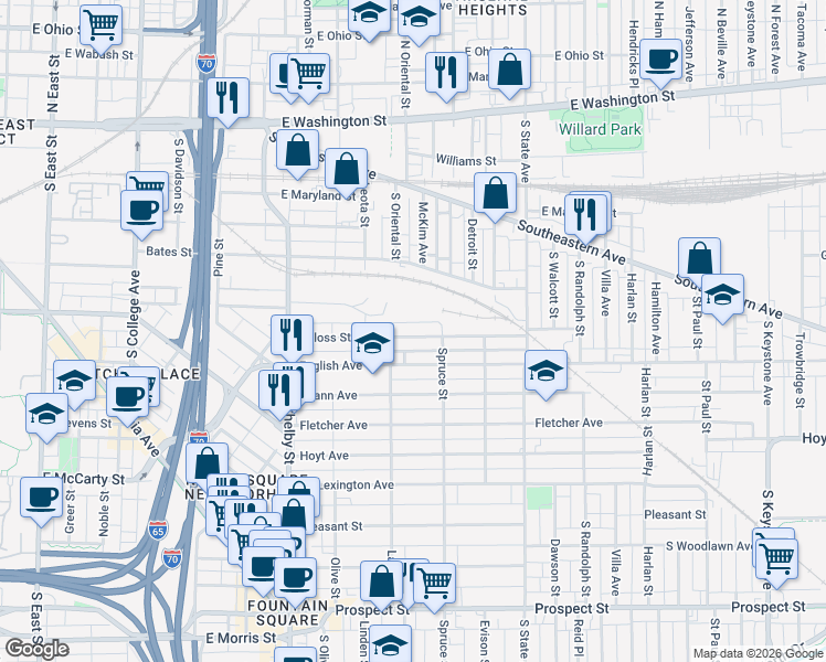 map of restaurants, bars, coffee shops, grocery stores, and more near 1430 Deloss Street in Indianapolis
